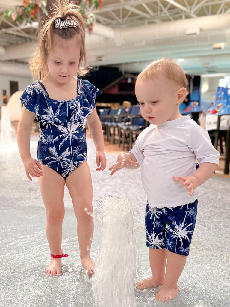 Blue palm tree swimsuit / swim trunks- sold separately