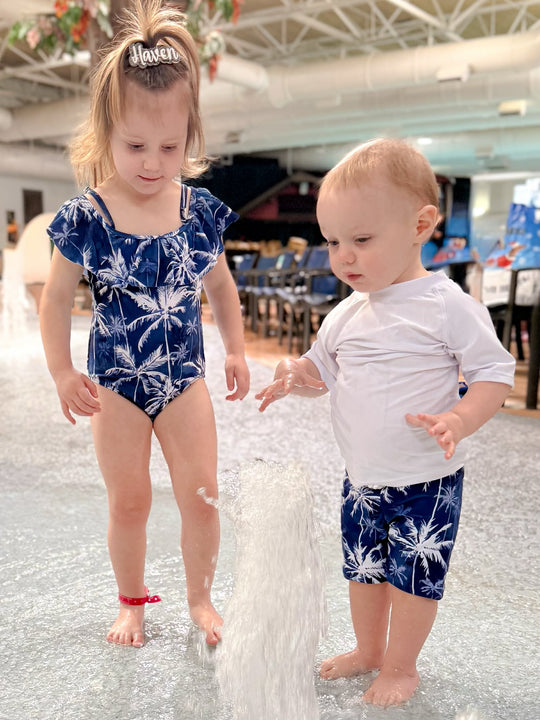 Blue palm tree swimsuit / swim trunks- sold separately