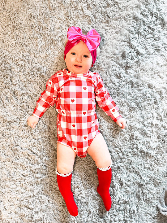 Red plaid hearts ribbed romper