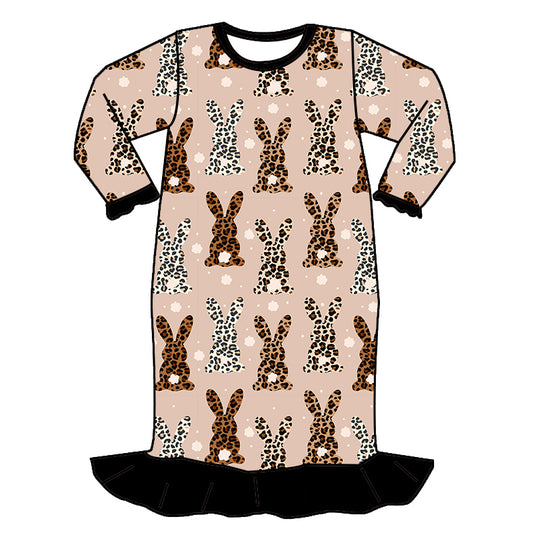 PRE ORDER CLOSES 12/14 leopard bunny long sleeve girl gown bamboo - EARLY march delivery