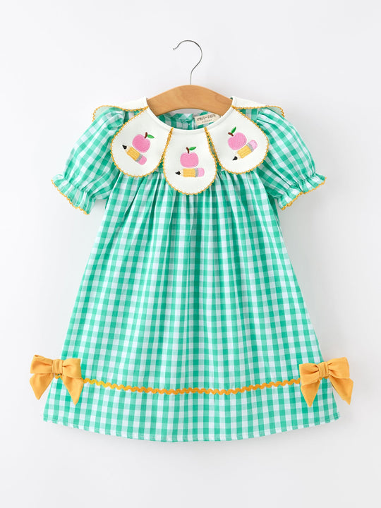 Back to School Apple Pencil Applique Girls Dress Petals Collar
