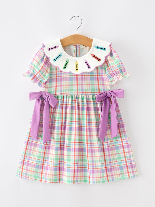 Back To School Plaid Crayon Embroidery Girls Dress Bow Puff Sleeve