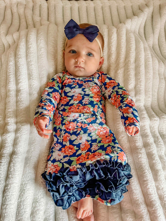 Navy and peach floral baby gown