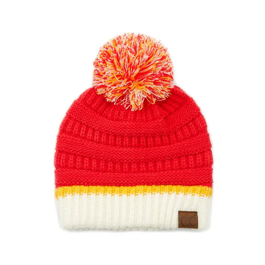 C.C Team Color Ribbed Beanie with Pom Winter Hat- red/gold