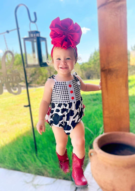 Cow ruffle romper with paisley ruffles