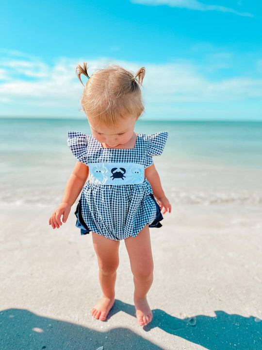 Blue crab beach embroidered romper