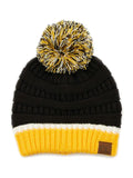 C.C Team Color Ribbed Beanie with Pom Winter Hat- Black/ Gold adult