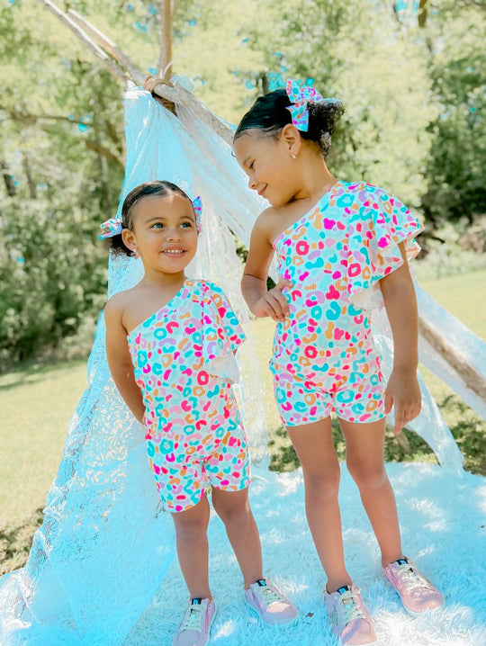Summer leopard One sleeve ribbed flutter romper