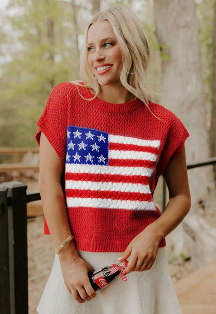 Fiery red flag short sleeve sweater top