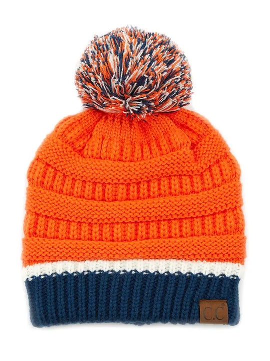 C.C Team Color Ribbed Beanie with Pom Winter Hat- Orange/Navy- adult