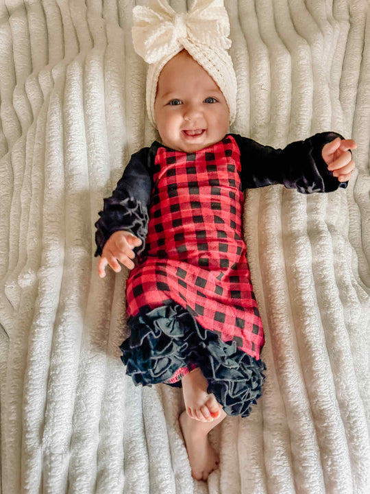 Red buffalo plaid ruffle baby gown