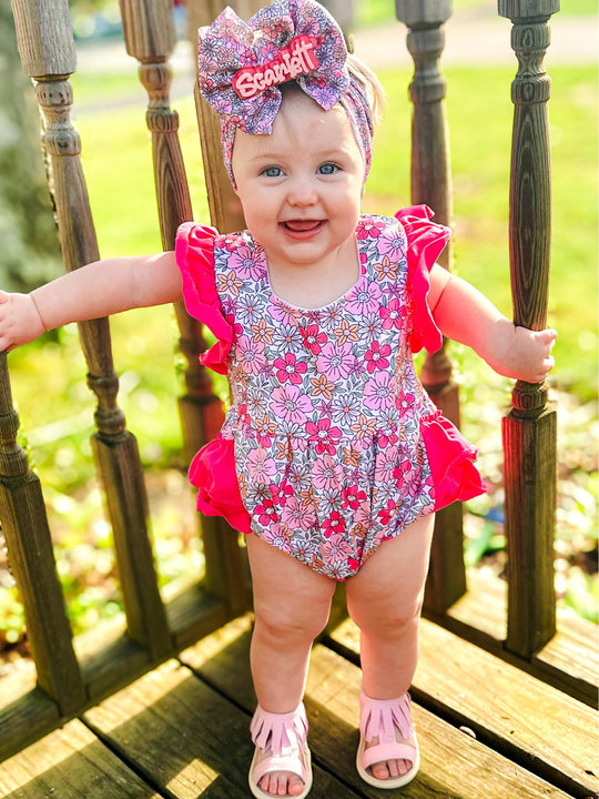Pink floral ruffle romper