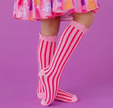 Taffy pink stripe lace top knee high socks