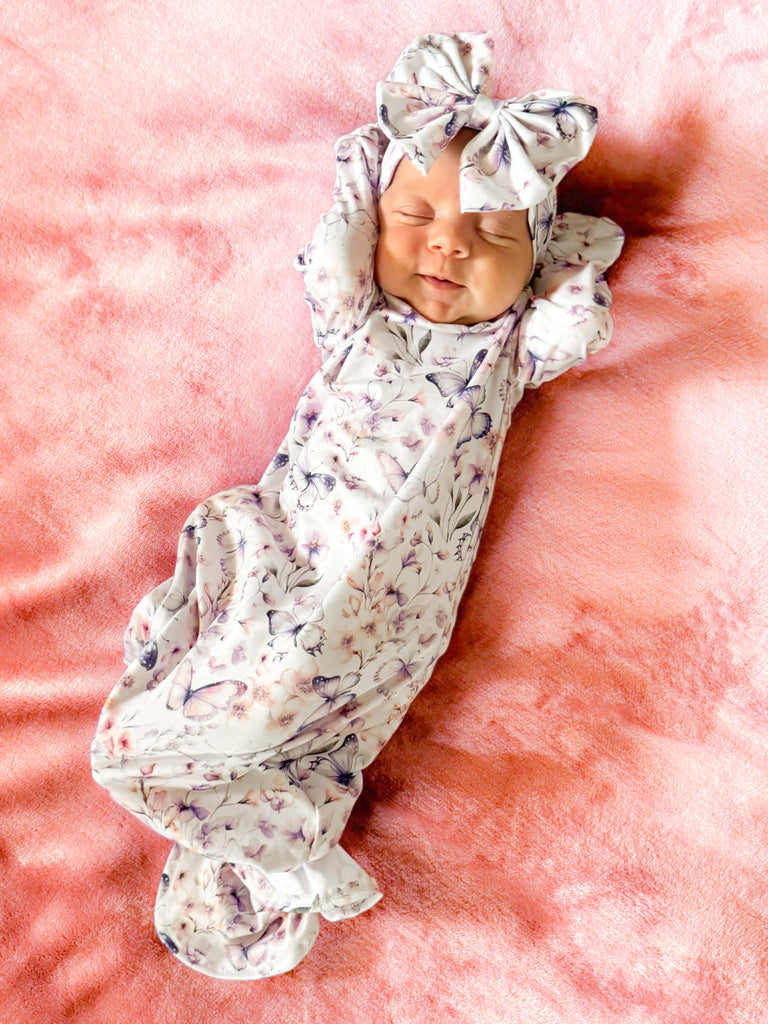 Purple floral butterfly gown and headband set