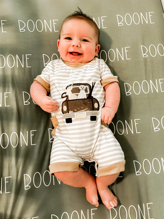 Hunting truck embroidery romper