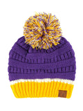 C.C Team Color Ribbed Beanie with Pom Winter Hat- Purple/Gold adult