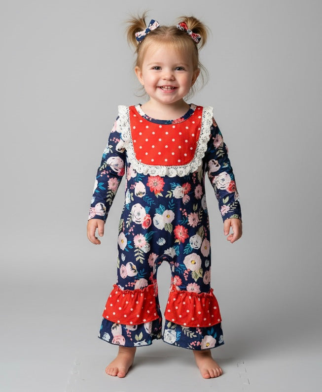 Navy and red floral romper