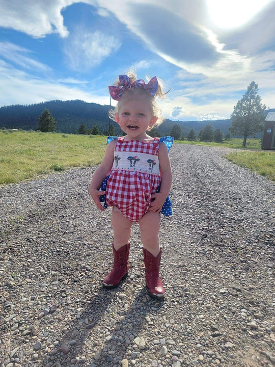 Smocked cow USA romper