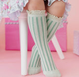 Mint striped scalloped knee high socks