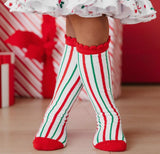 Candy cane striped scalloped knee high socks