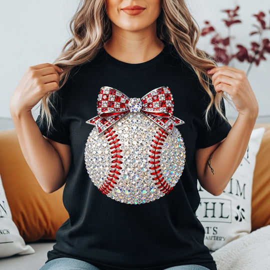 Women’s faux rhinestone baseball bow tee- unisex heavy cotton