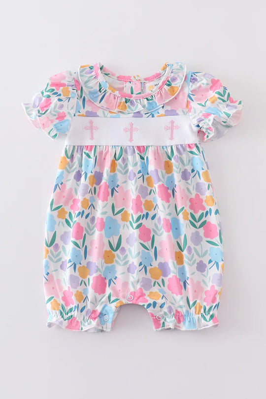 Premium Pink Easter floral cross romper