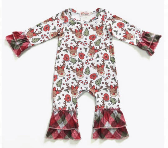 Clover Cottage reindeer plaid romper