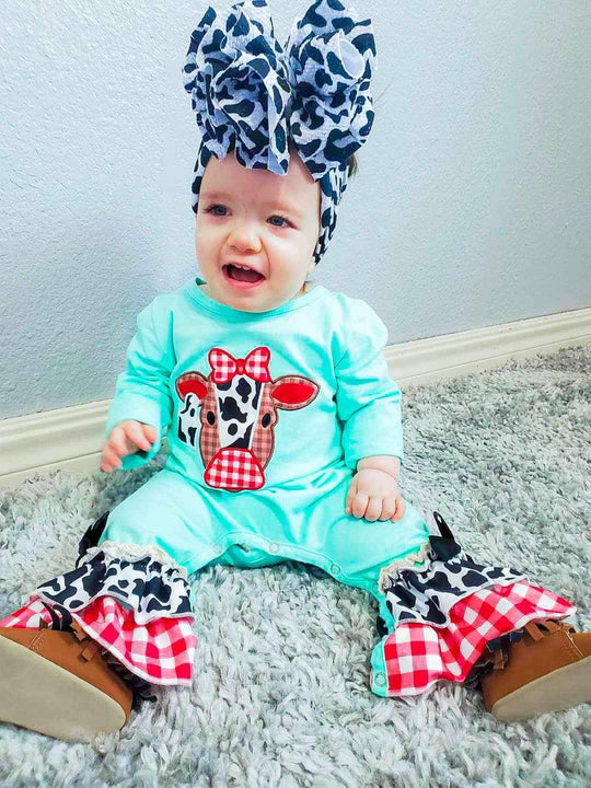Blue and red cow romper
