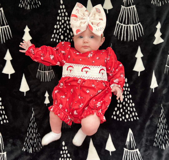 Smocked red Floral Santa romper
