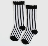 Vertical stripe lace top knee high socks black/ white