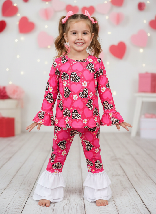 Leopard hearts two piece ruffle set