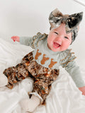 Camo Sage deer french knot romper