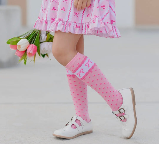 Pink bows scalloped knee high socks