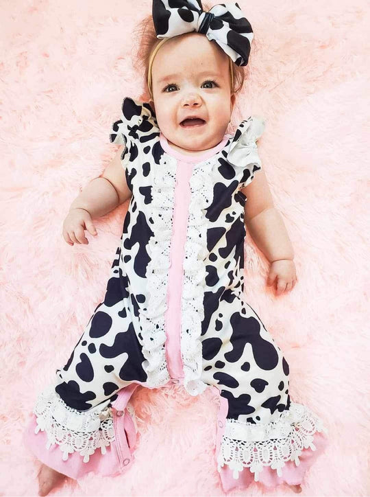Cow Lace romper ruffle romper with pink trim