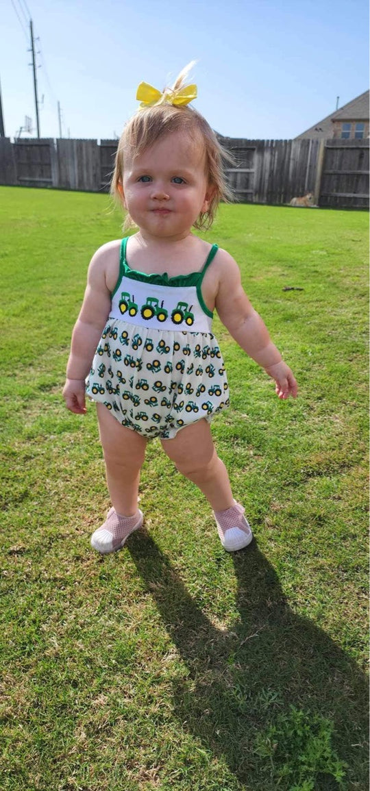 Green tractor tie romper