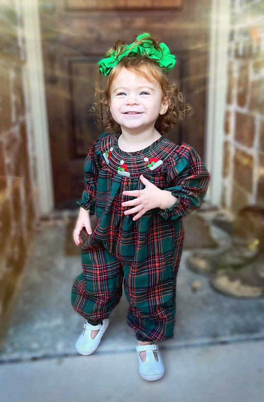 Smocked forest plaid romper