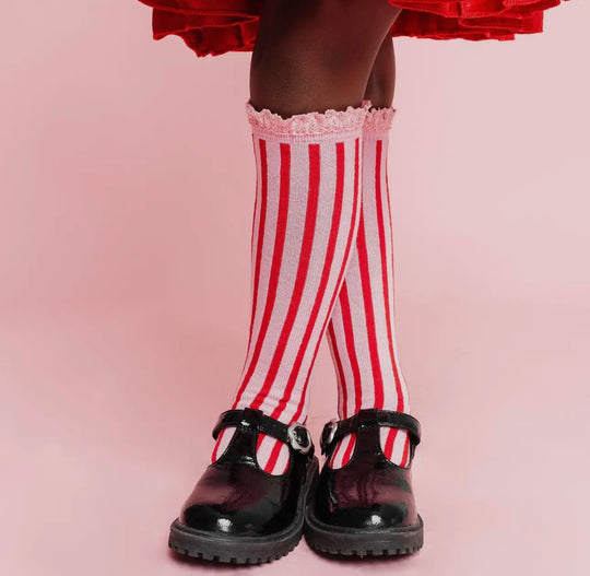 Candy stripe lace top knee high socks