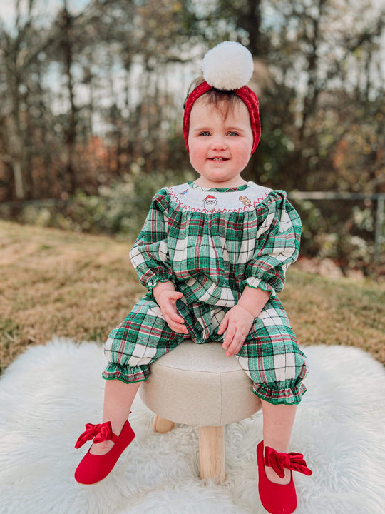 Smocked plaid santa romper