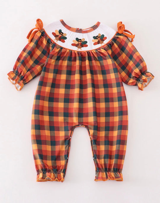 Smocked plaid turkey romper