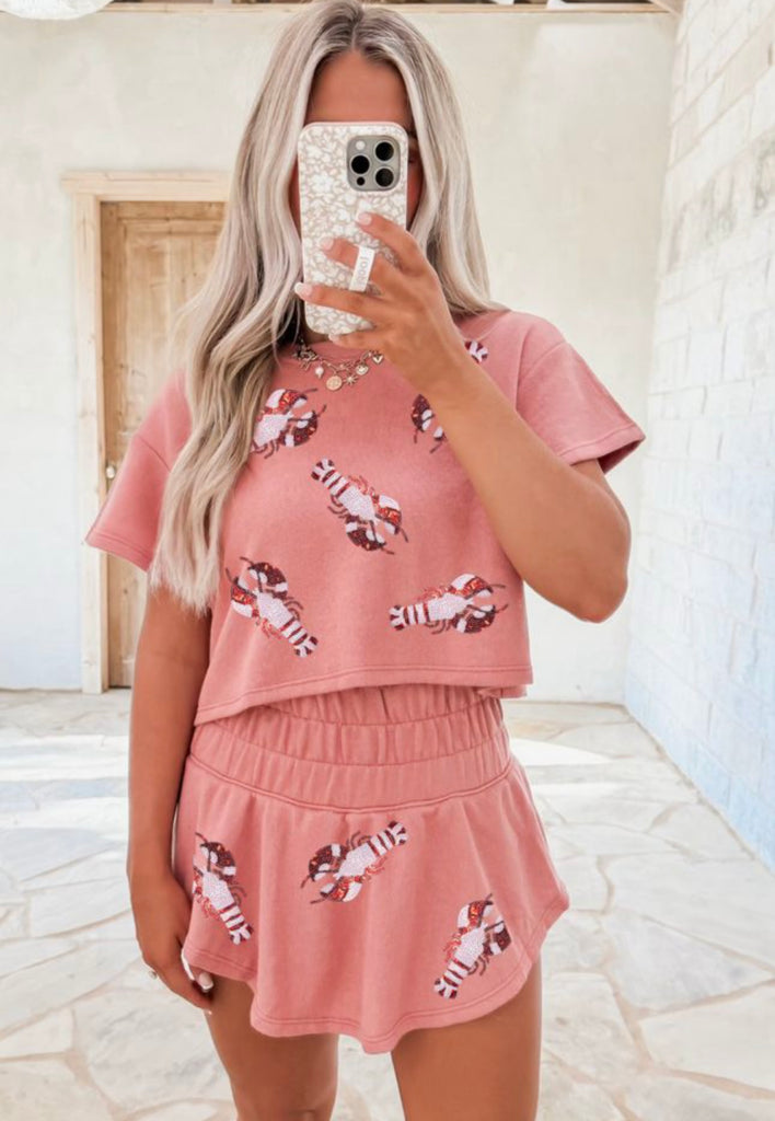 Blossom sequin crawfish cropped tee and skort