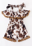 Cow pom pom tie romper