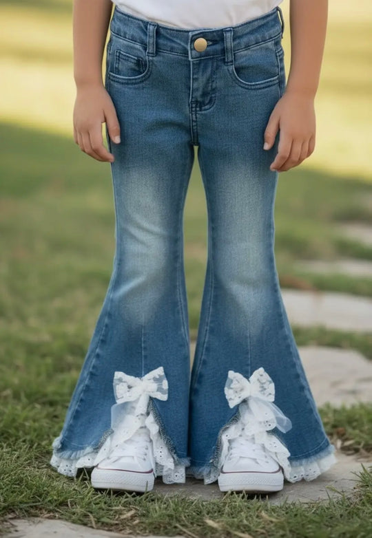 Bow lace denim pants