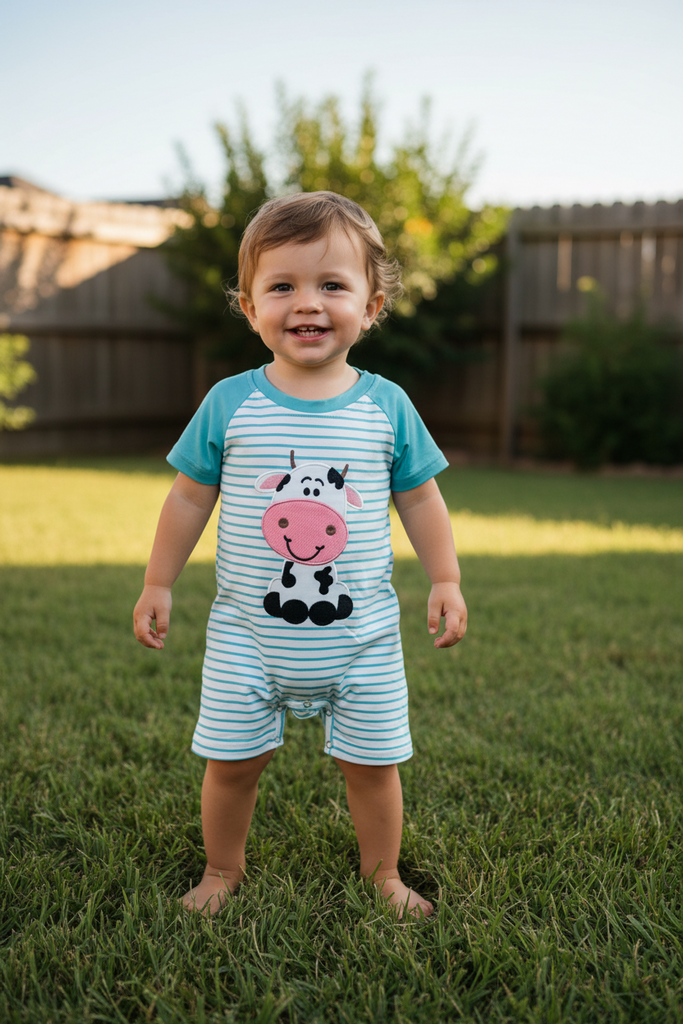 Blue stripe cow romper