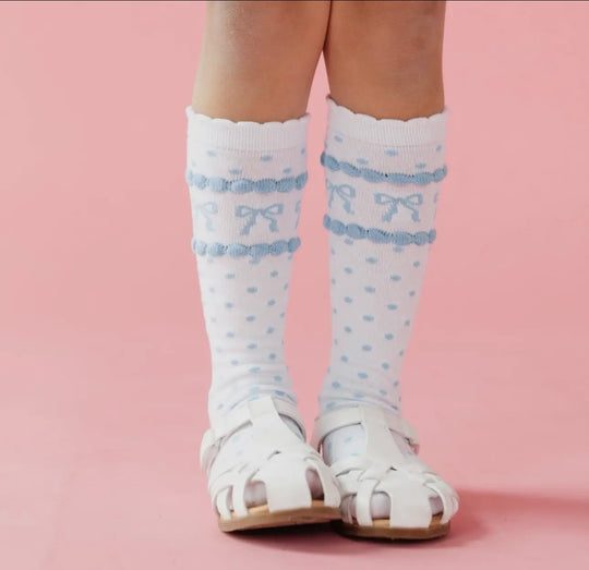 Blue bows scalloped knee high socks