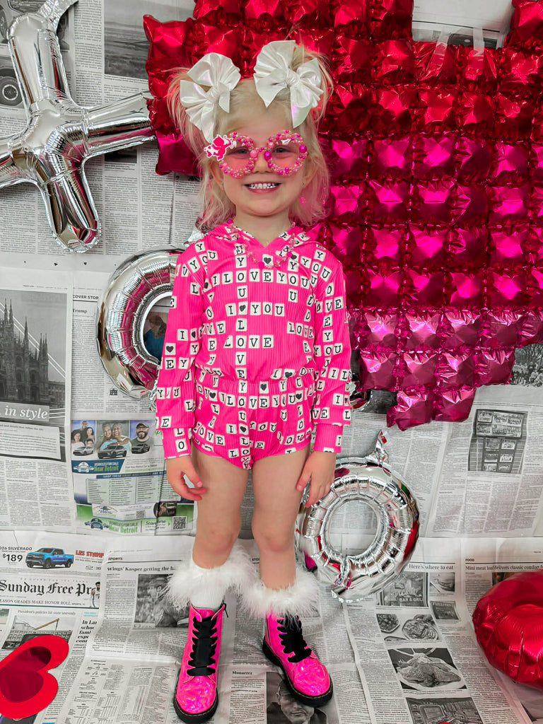 Pink I love you Ribbed Hooded romper