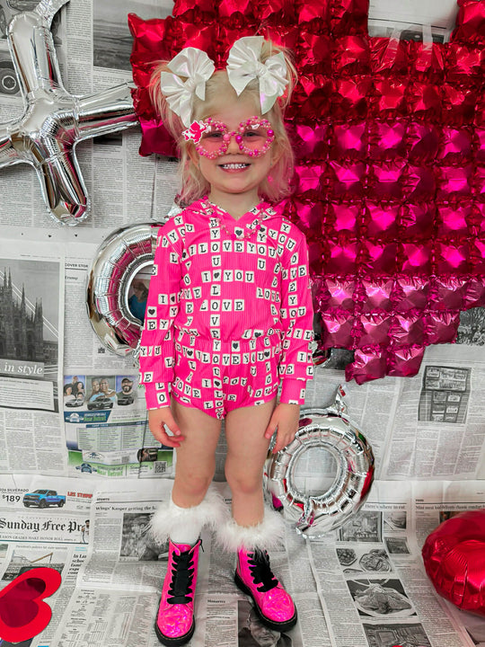 Pink I love you Ribbed Hooded romper