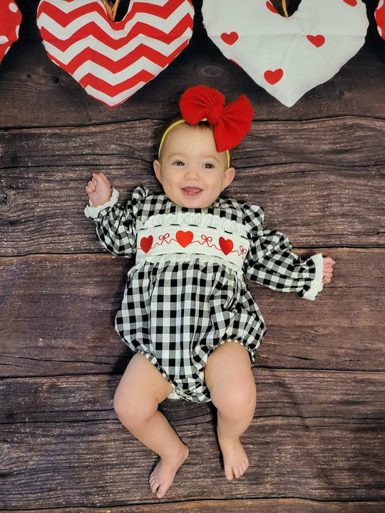 Plaid hearts smocked romper