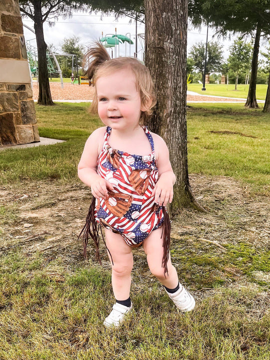 Patriotic baseball fringe romper