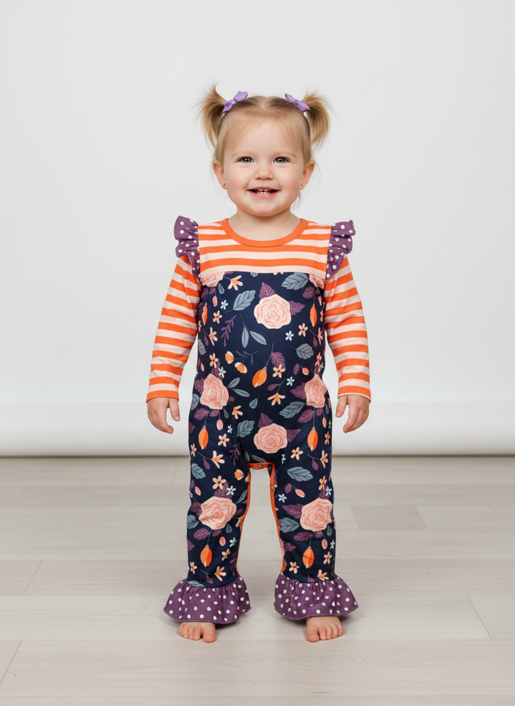 Orange and purple floral romper