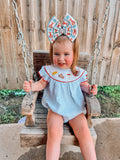 Blue seersucker crawfish girl romper